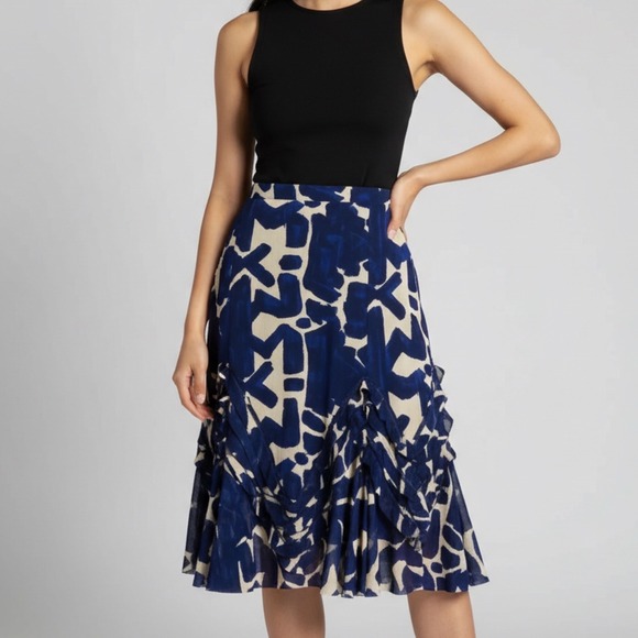 Fuzzi Jean Paul Gaultier Ruffle Mesh Midi Skirt Navy Ivory Abstract Print Medium - Picture 7 of 8